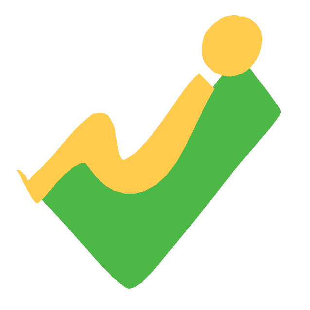 a simplified symbol of an emoji-yellow person reclining on a green check mark, the image has a white outline